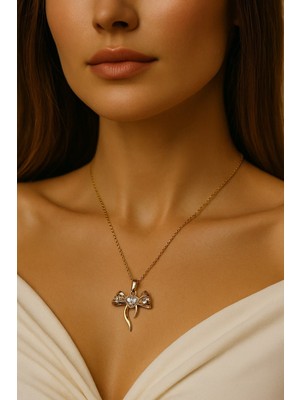 Tuncel Store Altın Renk Kalp Fiyonk Beyaz Taş Sf Zincir Çelik Kolye - 3654