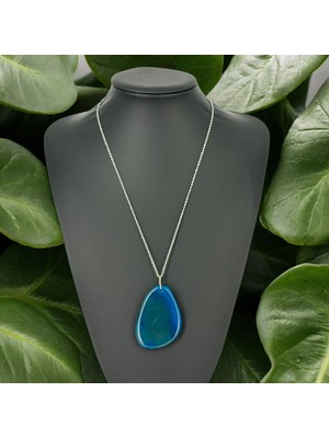 Köşesiz Koyu Turkuaz Akik Taşı Kolye