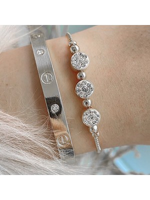 Tuncel Store Gümüş Renk Kombin Bileklik Seti Cartier Taşlı Bileklik ve Zirkon Macun Bileklik - 1036