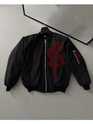 Erkek Unisex Siyah Bomber Mont – Kırmızı Ejderha Desenli, Fermuarlı Cepli, Kapitone Astarlı G