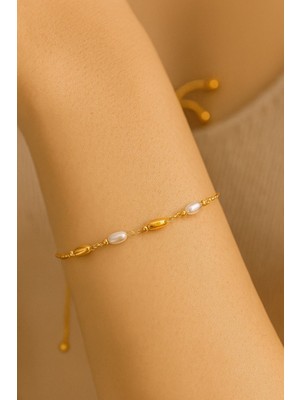 Tuncel Store Altın Renk Silindir Inci Sarı Metal Asansör Çelik Bileklik - 3610