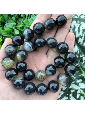 Fasetli Küre Siyah-Yeşil Akik Taşı 16MM
