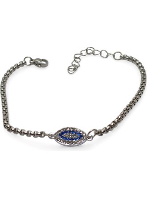 Tuncel Store Gümüş Renk Mekik Göz Taşlı Model Arnavut Zincir Çelik Bileklik - 3679