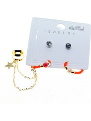 Tuncel Store Altın Renk Yuvarlak Kıkırdak Kombin Turuncu Boncuk Küpe - 2848