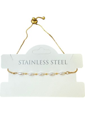 Tuncel Store Altın Renk Silindir Inci Zincir Asansör Çelik Bileklik - 3593