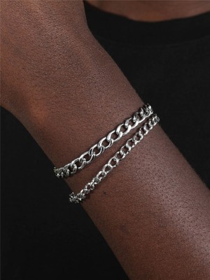 Tuncel Store Gümüş Renk Unisex Ince ve Kalın Cadena Kombin Bileklik - 2130