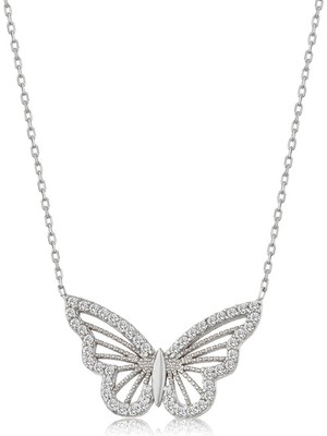 Tuncel Store Gümüş Renk Kolye Zirkon Taşlı Kelebek Bayan Kolye 1053