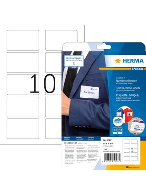 Herma 4587 Isim Etiketi Çıkarılabilir, 10 Yaprak, 80 x 50 Mm, A4 Başına 10, 100 Adet, Kendinden Yapışkanlı, Yazdırılabilir, Asetat Ipek, Beyaz