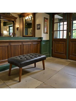 Fursimo Chelsea Serisi Deri Chester Ahşap Ayaklı Bench Puf – 90×45 cm