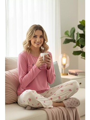 Gülseli Boyraz Kadın Bisiklet Yaka Kalp Baskılı Pijama Takımı P-00019941