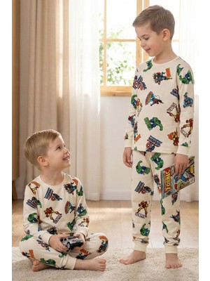 Zuzunga Süper Kahramanlar Desenli %100 Pamuk Beyaz Erkek Çocuk Pijama Takımı
