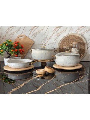 Protef 5 Parça Beyaz Granit Tencere ve Tava Seti – 24 cm & 26 cm | Cam Kapaklı, Gold Kulplu