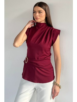 Gülseli Kadın Dik Yaka Bel ve Omuz Drapeli Kemer Detaylı Bluz P-00019473