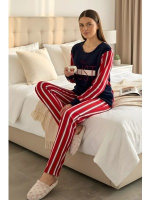 Gülseli Kadın Bisiklet Yaka Desenli Polar Pijama Takımı P-00019937