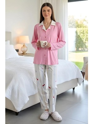 Gülseli Boyraz Kadın Ön Düğmeli Kiraz Baskılı Pijama Takımı P-00019939