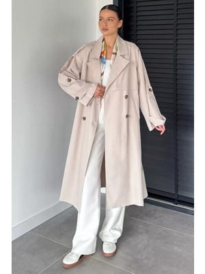 Gülseli Kadın Iç Astarlı Bel Kuşak Detaylı Çift Cepli Uzun Trençkot P-00018914