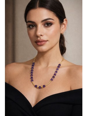 Solare Accessories Ametist & Lav Taşı Altın Kaplama Detaylı Doğal Taş Kolye