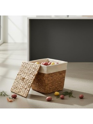Su Sümbülü Patates Soğan Kovası | Doğal Hasır Saklama Sepeti | El Yapımı Kare Şekilli Mutfak Düzenleyici | Dekoratif Sebze Kovası (25X25X30CM)