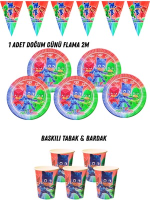 Pj Maske Pj Maskeliler 8 Kişilik Tabak , Bardak , Flama Bayrak Doğum Günü Set