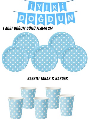 Mavi Pastel Makaron Puantiyeli 24 Kişilik Tabak , Bardak , Flama Bayrak Doğum Günü Set