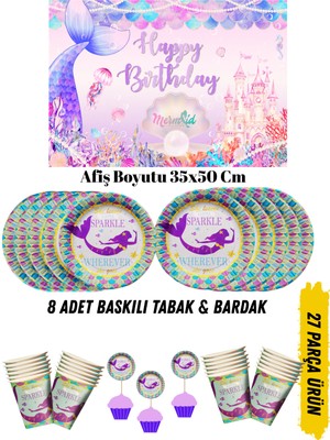 Deniz Kızı Temalı Doğum Günü Tabak , Bardak , Afiş Seti