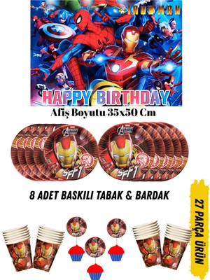 Ironman Ironmen Demir Adam Temalı Doğum Günü Tabak , Bardak , Afiş Seti