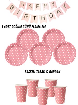 Pembe Pastel Makaron Puantiyeli 24 Kişilik Tabak , Bardak , Flama Bayrak Doğum Günü Set