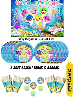 Baby Shark Temalı Doğum Günü Tabak , Bardak , Afiş Seti