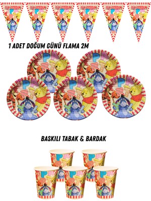 Winnie The Pooh 32 Kişilik Tabak , Bardak , Flama Bayrak Doğum Günü Set