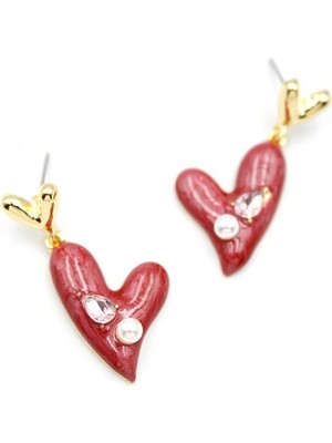 ModaSize Mineli Kalp Küpe - Bordo