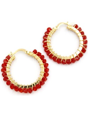 ModaSize Kristal Boncuk Halka Küpe - Kırmızı