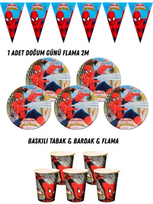 Örümcek Adam 8 Kişilik Tabak , Bardak , Flama Bayrak Doğum Günü Set