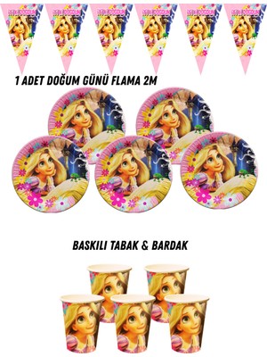 Rapunzel 8 Kişilik Tabak , Bardak , Flama Bayrak Doğum Günü Set
