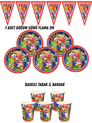 Süper Mario 24 Kişilik Tabak , Bardak , Flama Bayrak Doğum Günü Set