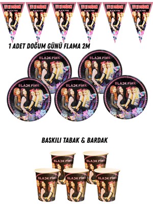 Black Pink 16 Kişilik Tabak , Bardak , Flama Bayrak Doğum Günü Set