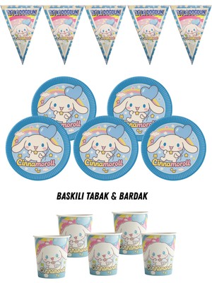 Cinnamoroll Cinnamoron 32 Kişilik Tabak , Bardak , Flama Bayrak Doğum Günü Set