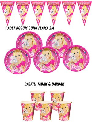 Barbie Bebek 24 Kişilik Tabak , Bardak , Flama Bayrak Doğum Günü Set