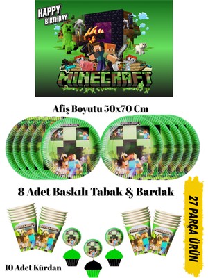 Minecraft Temalı Doğum Günü Tabak , Bardak , Afiş Seti