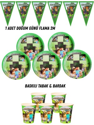 Minecraft 24 Kişilik Tabak , Bardak , Flama Bayrak Doğum Günü Set