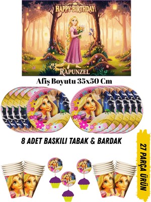 Rapunzel Temalı Doğum Günü Tabak , Bardak , Afiş Seti 35X50