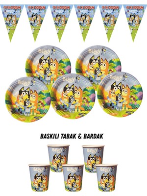 Bluey 32 Kişilik Tabak , Bardak , Flama Bayrak Doğum Günü Set
