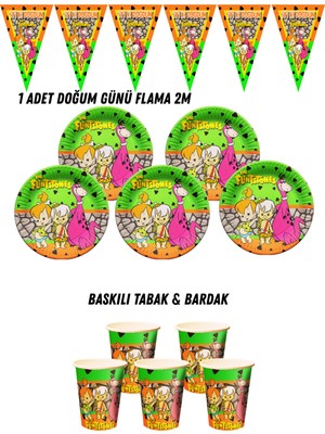 Taş Devri Bambam Çakıl 16 Kişilik Tabak , Bardak , Flama Bayrak Doğum Günü Set