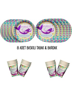 Deniz Kızı Tema Uyumlu Baskılı 8 Kişilik Tabak , Bardak Doğum Günü Set