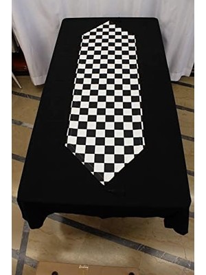 Siyah Beyaz Büyük Kare Desenli Dijital Baskılı Runner Amerikan Servis 40X150 cm