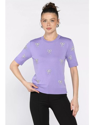 Gülseli Taş Detaylı Bisiklet Yaka Kadın Kısa Kol Bluz P-00015134