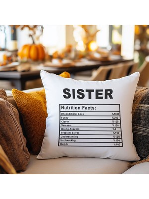 Qoeuyl Boutique Sister Nutrition Facts Baskılı Kız Kardeş Abla Hediyelik Elyaf Dolgulu Dekoratif Yastık