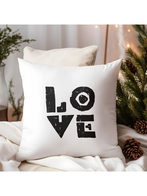 Qoeuyl Boutique Love Baskılı Hediyelik Elyaf Dolgulu Saten Dekoratif Yastık
