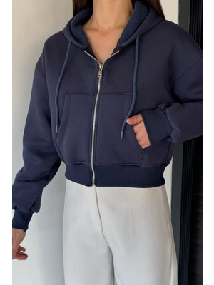 Gülseli Kadın Kapüşonlu Şardonlu Ön Fermuarlı Crop Top Sweatshirt P-00018833