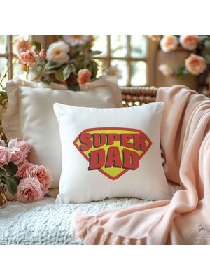 Qoeuyl Boutique Super Dad Babalar Günü Baskılı Elyaf Dolgulu Hediyelik Yastık