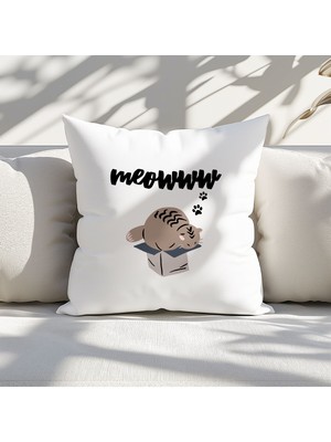Qoeuyl Boutique Meoww Sevimli Kedi Baskılı Hediyelik Elyaf Dolgulu Saten Dekoratif Yastık